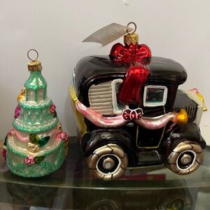 Radko Black Car “just married” Ornament with Red Bow and wedding cake ornament